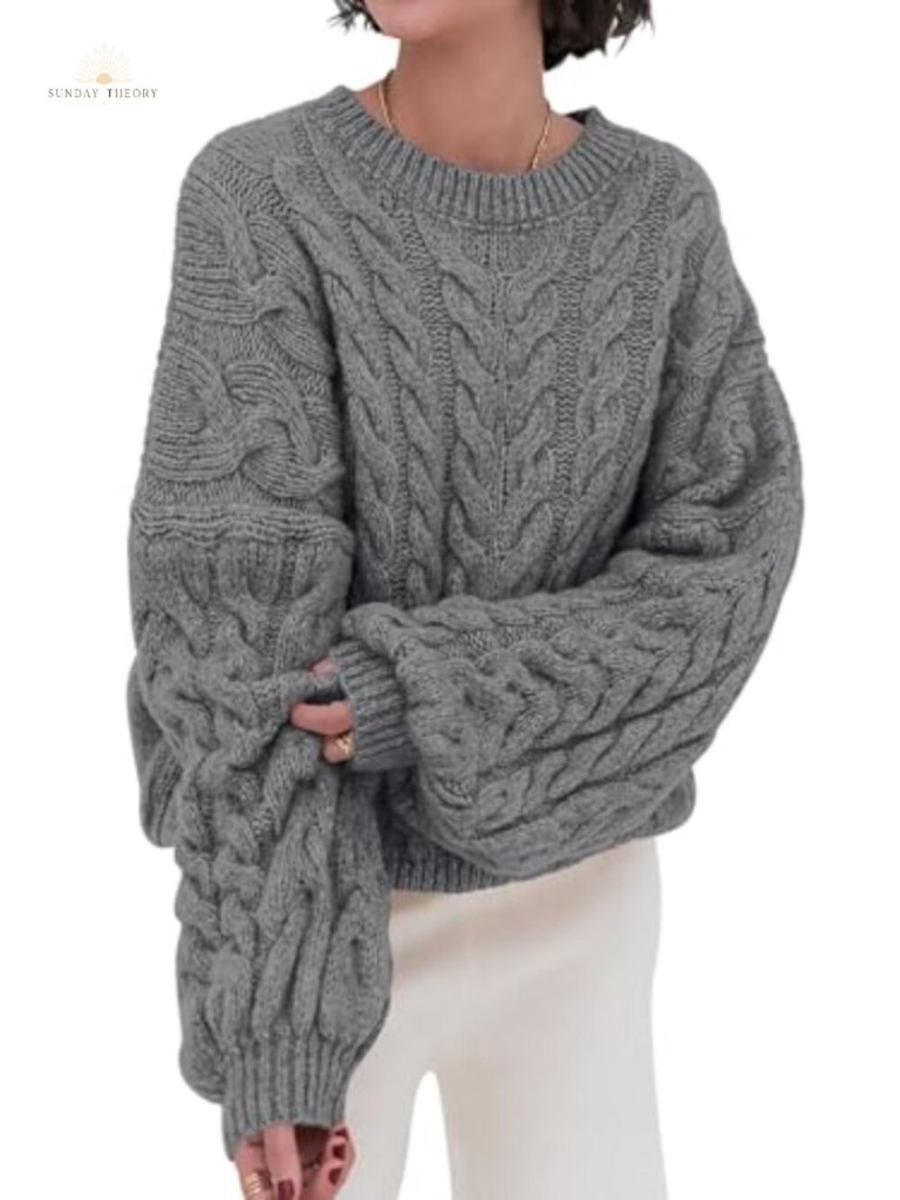 Cable Knit Long Sleeve Crewneck Oversized Chunky Pullover Sweater